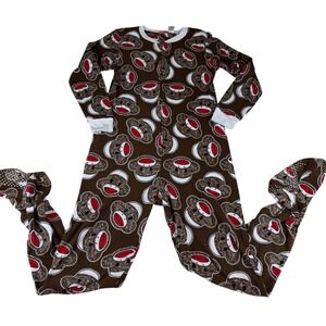 Maxx The Sock Monkey Fleece Footed Pajamas Jumpsuit Women Medium Brown Red White